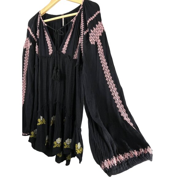 Free People Black Boho Embroidered Tunic Mini Dress Long Sleeve Size L - Picture 5 of 13